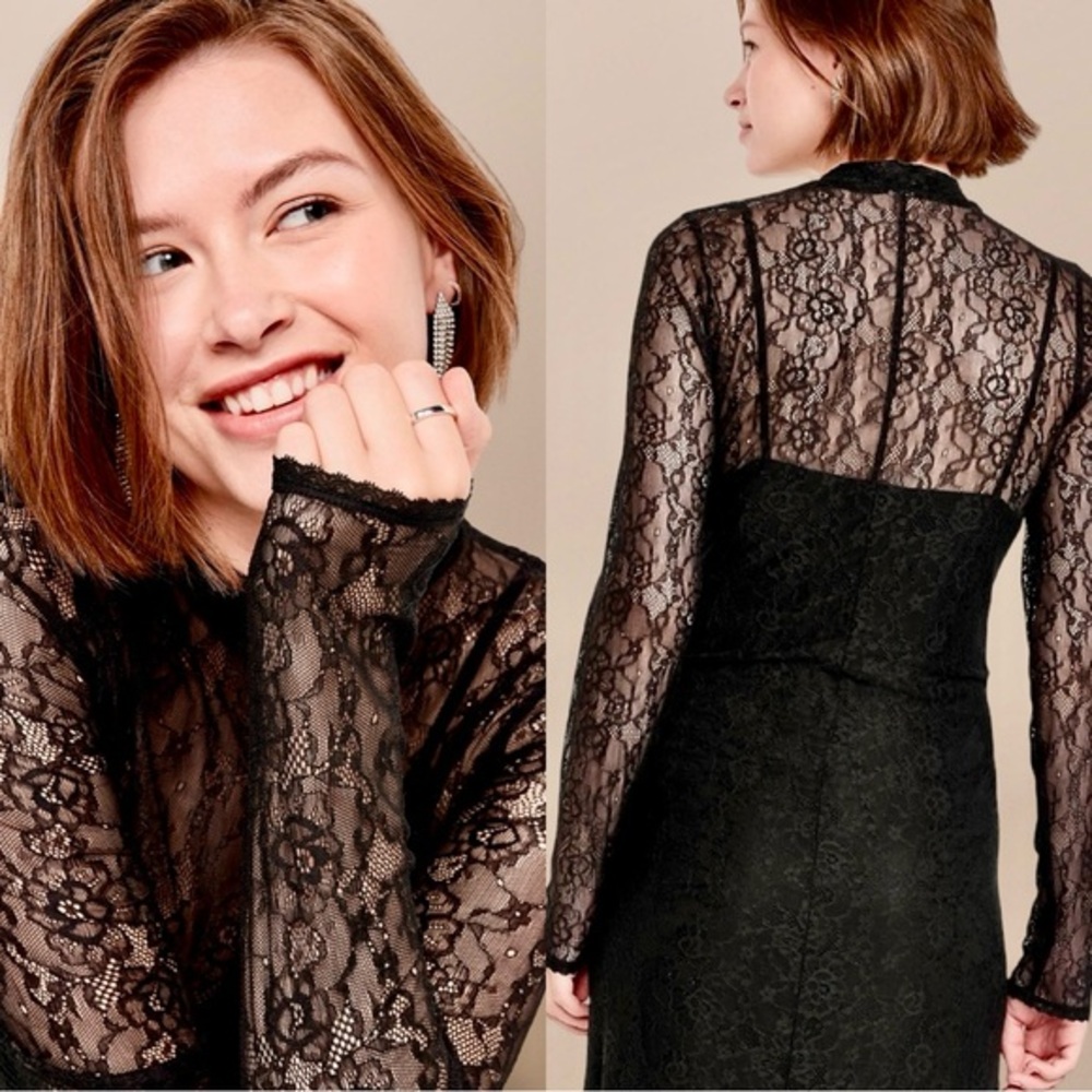 NWOT🌹THE OCCASION L🌹BLACK LACE MIDI DRESS BLACK SLIP LACE OVERLAY LONG SLEEVES
